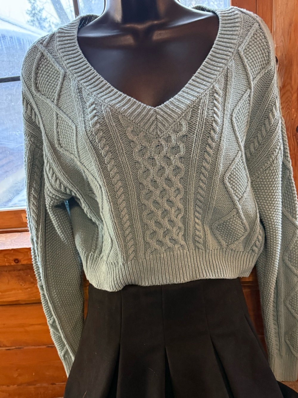 Aeropostale Sage Cable Knit V-Neck Cropped Sweater